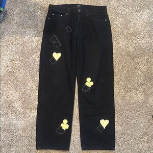 BoohooMan Black Jeans with Yellow Heart Patches size 34